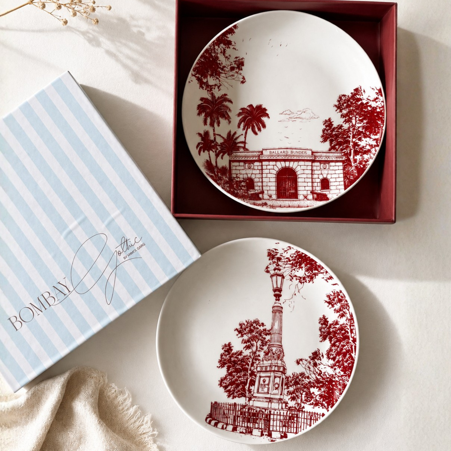 Ballard Bunder Plates presented in a Bombay Gothic maroon gift box with powder-blue striped sleeve