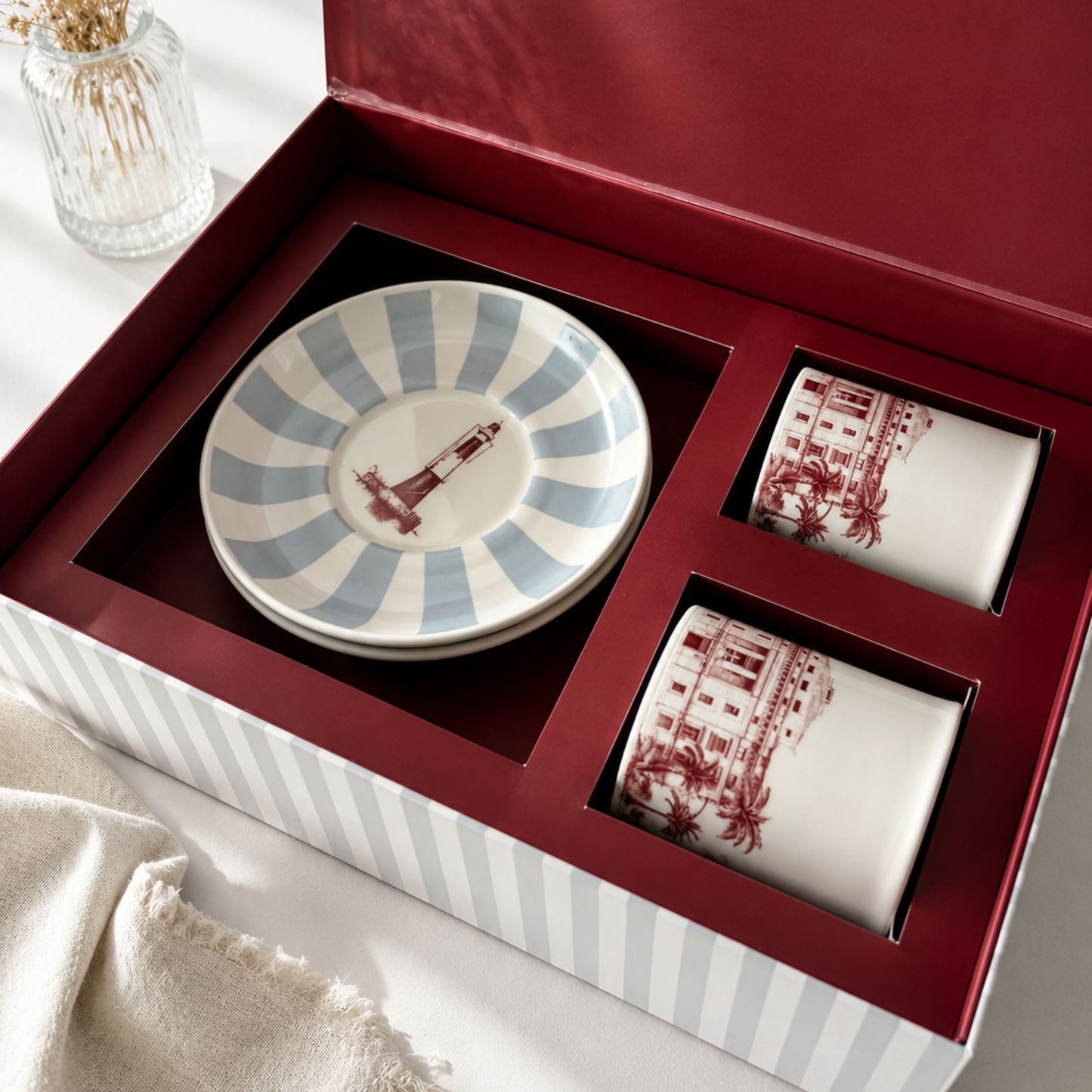 Portside Cup and Saucer set presented in a Bombay Gothic maroon and striped gift box