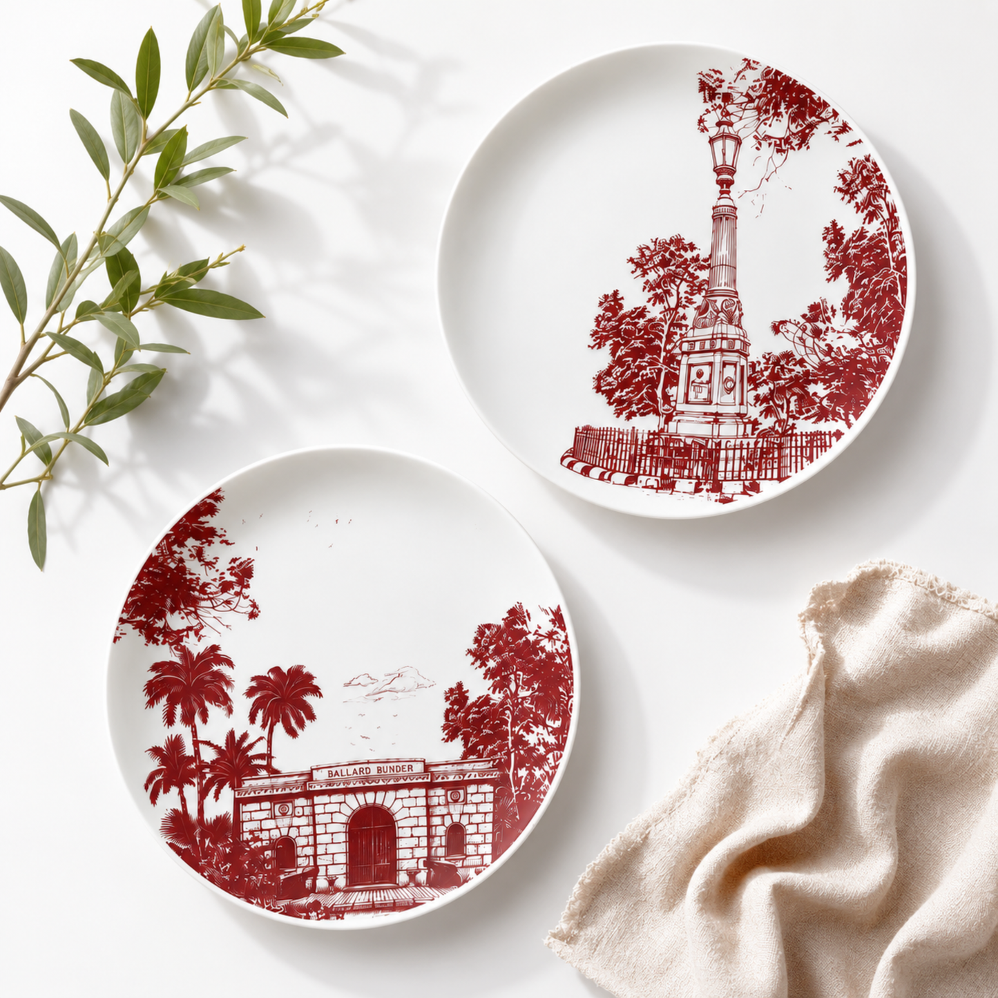 Ballard Bunder Plates set of 2 — bone china plates with burgundy toile illustrations of the Ballard Bunder Gatehouse and Port Trust War Memorial