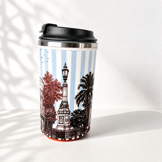 The Lamp & Palm Mug — powder-blue striped travel mug with burgundy toile illustration of a Ballard Estate street lamp and palms