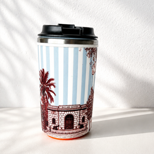 The Lamp & Palm Mug — reverse view showing the Ballard Bunder gatehouse illustration